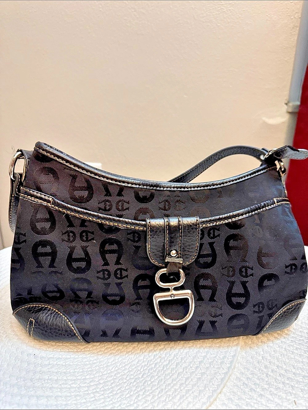 Etienne Aigner Black Monogram Jacquard Hobo Shoulder Bag